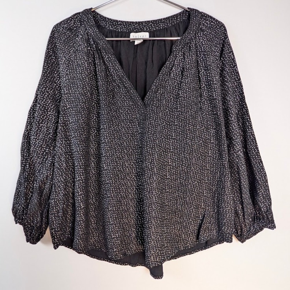 Velvet Graham Spencer Blouse Womens M Black Silver Metallic Dot Split V-Neck